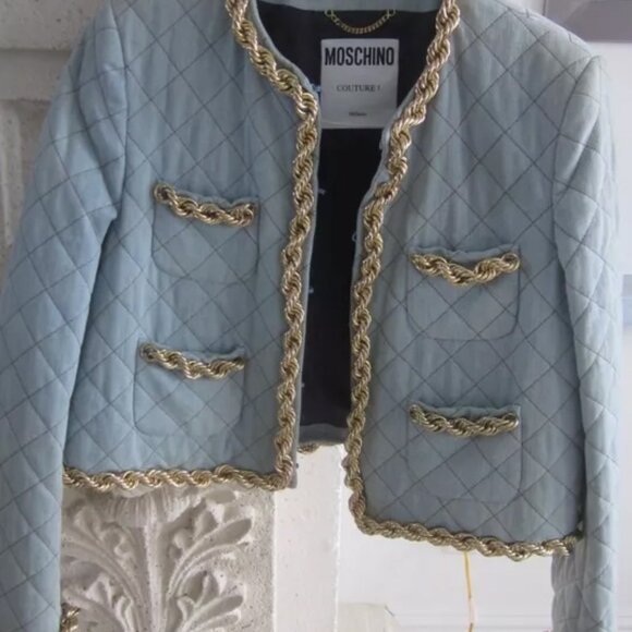 MOSCHINO COUTURE LIGHT WASH FADED DENIM QUILT GOLD CHAIN JACKET IT44 USA 10 - Picture 15 of 15